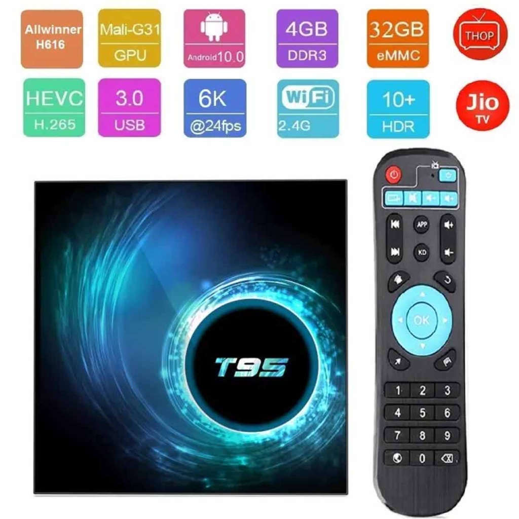 Boîte TV Android T95 - 4GB RAM / 64GB ROM - Android 10 - 4K HDR - Lecteur Carte Et Ethernet